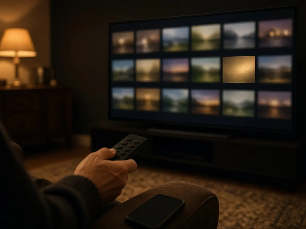 Aus dem Sessel heraus füllt sich der Fernseher mit weich verwischten Kachelreihen, in der Hand liegt eine Fernbedienung